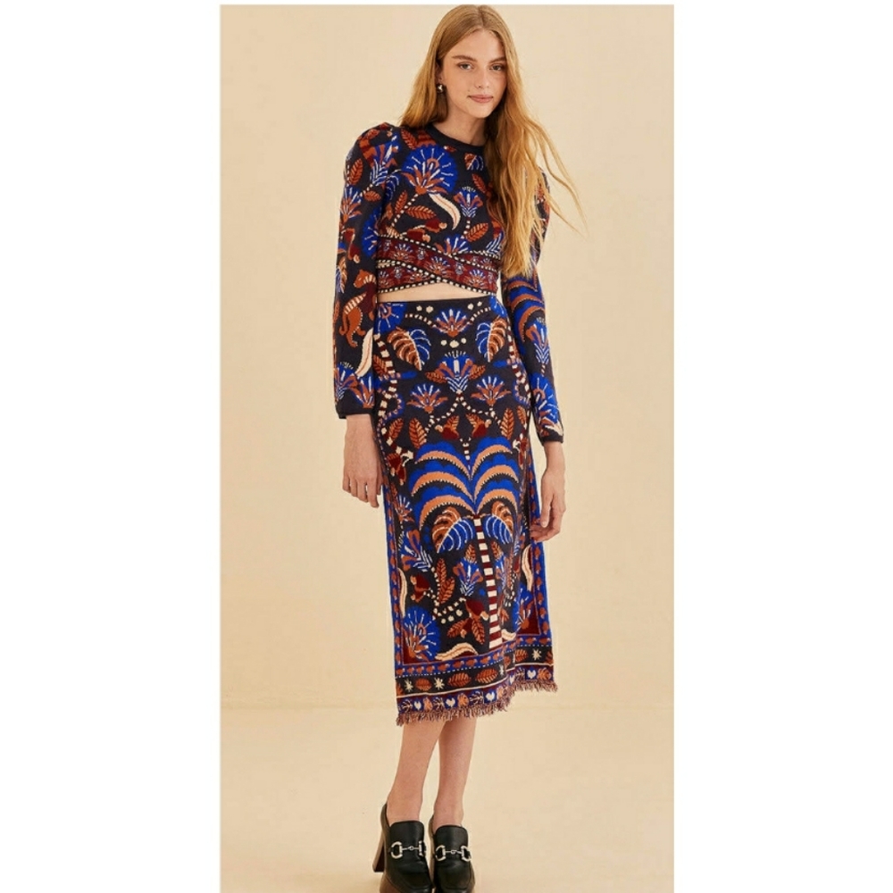 Farm Rio Nature Beauty Scarf Knit Midi Skirt - Picture 2 of 11